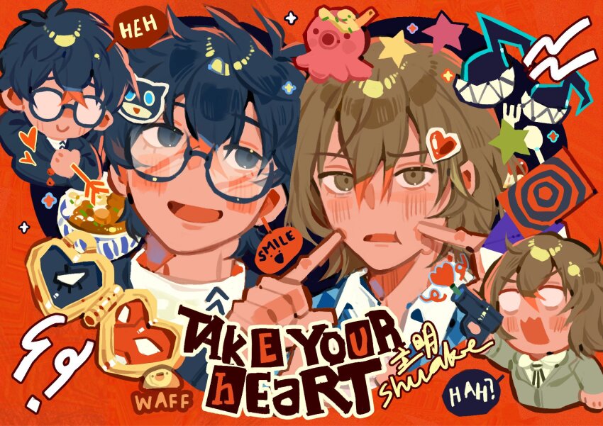 0waff537 2boys akechi_gorou amamiya_ren annoyed black-framed_eyewear black_eyes black_hair black_jacket blue_jacket blush border brown_eyes cat_hair_ornament character_hair_ornament chibi commentary cropped_torso curry english_text fingers_to_cheeks firing food frown furrowed_brow glasses gun hair_ornament happy heart heart_border heart_hair_ornament highres holding holding_gun holding_weapon jacket jewelry locket long_sleeves looking_at_another looking_at_viewer male_focus messy_hair morgana_(cat)_(persona_5) morgana_(persona_5) multiple_boys multiple_views musical_note octopus opaque_glasses open_mouth outside_border pendant persona persona_5 persona_5_the_royal plaid_clothes plaid_jacket red_border school_uniform shirt short_hair smile speech_bubble star_(symbol) symbol-only_commentary takoyaki toy_gun upper_body weapon white_shirt