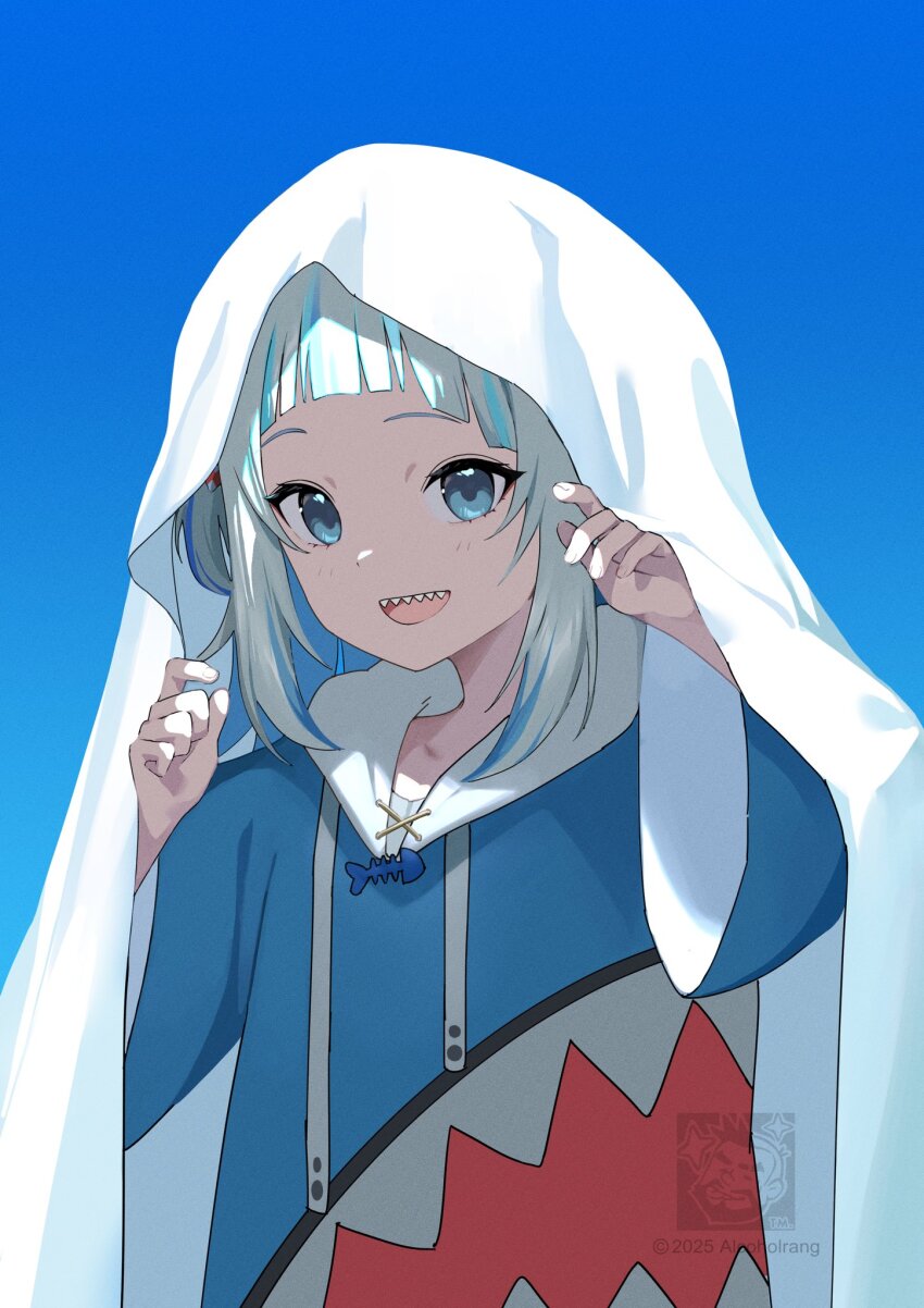 1girl alcoholrang blanket blue_background blue_eyes blue_hair blue_shirt gawr_gura gawr_gura_(1st_costume) highres hololive hololive_english hood hoodie long_hair long_sleeves multicolored_hair open_mouth sharp_teeth shirt solo streaked_hair teeth virtual_youtuber white_hair white_hoodie
