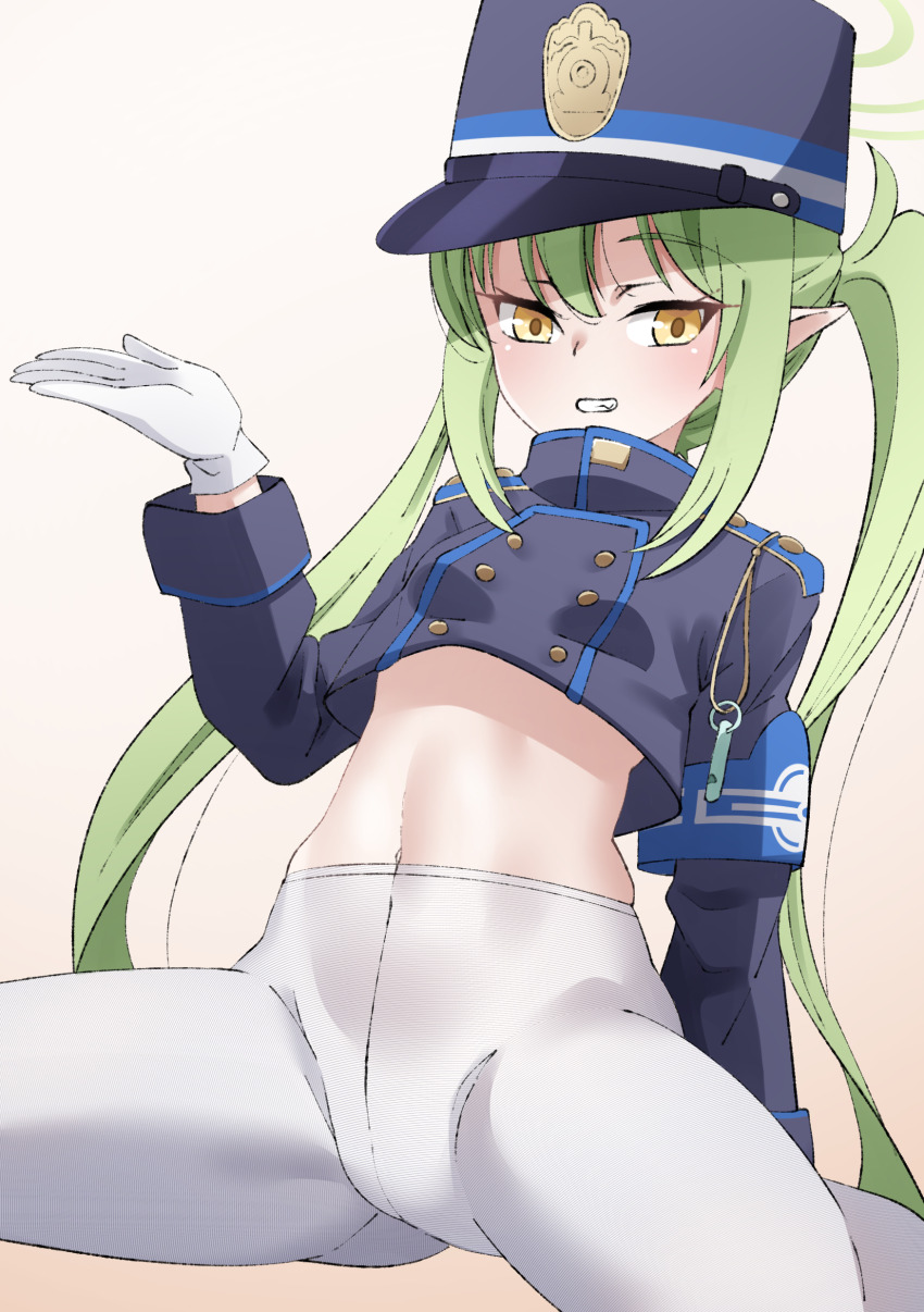 1girl absurdres armband black_hat blue_archive blue_armband buttons double-breasted gloves gluteal_fold green_eyes green_hair green_halo halo hand_up hat nozomi_(blue_archive) highres looking_at_viewer no_panties pantyhose peaked_cap pointy_ears shirozaya sitting train_conductor twintails wariza white_gloves white_pantyhose