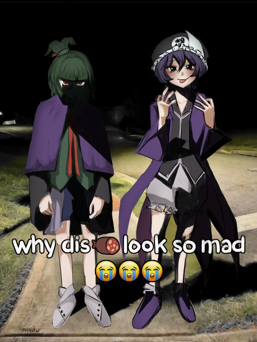 2others :p absurdres adagumo_no_saragimaru bare_legs black_eyes black_hat black_shirt black_sky blue_shorts buttons capelet closed_mouth collarbone collared_shirt commentary emoji english_commentary english_text eyelashes food frilled_hat frilled_shorts frills full_body grass green_eyes green_vest hair_between_eyes hair_ornament hat high_ponytail highres hood hood_down hooded_jacket jacket japanese_clothes len&#039;en light_blush long_sleeves m40u meme mob_cap multiple_others neck_ribbon night open_clothes open_jacket other_focus outdoors photo_background ponytail puffy_shorts purple_capelet purple_footwear purple_hair purple_jacket red_eyes red_ribbon ribbon road salami shaded_face shadow shirt shitodo_kuroji shoes short_hair short_ponytail shorts sidewalk sky sleeves_past_wrists smirk snake_hair_ornament socks split_ponytail standing straight-on street tongue tongue_out triangular_headpiece vest white_shorts white_socks why_dis_ninja_look_so_mad_(meme) wide_sleeves