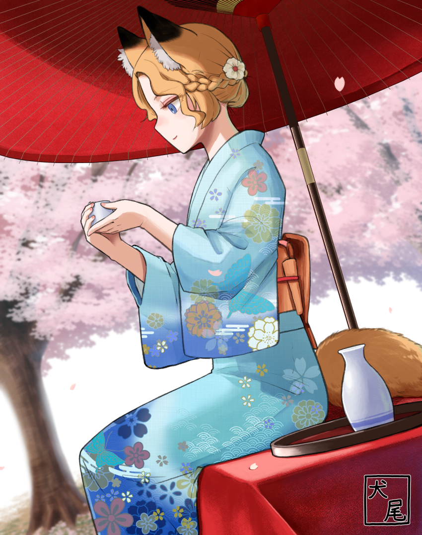 1girl absurdres animal_ear_fluff animal_ears blonde_hair blue_eyes blue_kimono braid cherry_blossoms choko_(cup) clothing_cutout commentary_request cup floral_print floral_print_kimono flower fox_ears fox_girl fox_tail from_side hair_flower hair_ornament hair_up half_up_braid highres japanese_clothes kimono light_smile murakami_kou_(raye) obi oil-paper_umbrella original petals print_kimono profile sash sitting solo tail tail_through_clothes tokkuri tray tree umbrella wide_sleeves