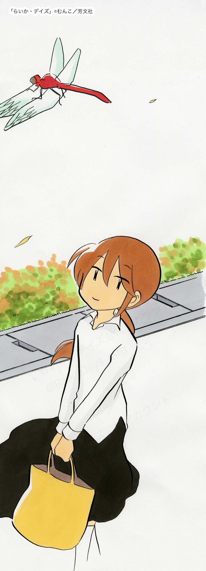 1girl absurdres artist_name autumn autumn_leaves bag black_eyes brown_hair bug closed_mouth company_name copyright_name copyright_notice dragonfly falling_leaves grass gutter haruna_raika highres holding holding_bag insect leaf long_hair long_sleeves looking_at_object looking_up munko official_art outdoors ponytail raika_days shirt socks solo standing tote_bag twitter_username watermark white_background white_shirt white_socks yellow_bag