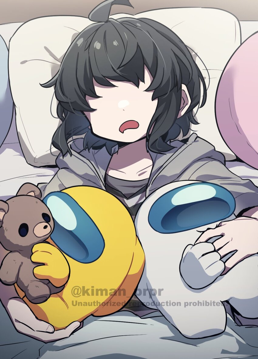 3others ahoge ambiguous_gender among_us bed_sheet brown_hair commentary_request crewmate_(among_us) disembodied_hand faceless grey_hoodie helmet highres holding holding_stuffed_toy hood hoodie impostor_(among_us) kiman lying lying_on_person multiple_others nibbling on_back open_mouth pillow saliva shirt short_hair sleeping space_helmet spacesuit striped_clothes striped_shirt stuffed_animal stuffed_toy teddy_bear they_(kiman) twitter_username watermark white_(among_us) yellow_(among_us)