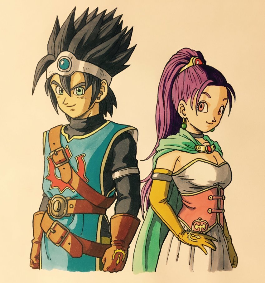 belt black_hair blue_eyes breasts brown_gloves cape circlet cleavage corset dragon_quest dragon_quest_xi dress earrings elbow_gloves gloves highres jewelry lee_(dragon_garou) long_hair marker_(medium) medium_breasts neck_ring official_style pink_eyes ponytail purple_hair roche_(dq11) senica_(dq11) sleeveless sleeveless_dress smile spiked_hair square_enix toriyama_akira_(style) traditional_media white_dress yellow_gloves