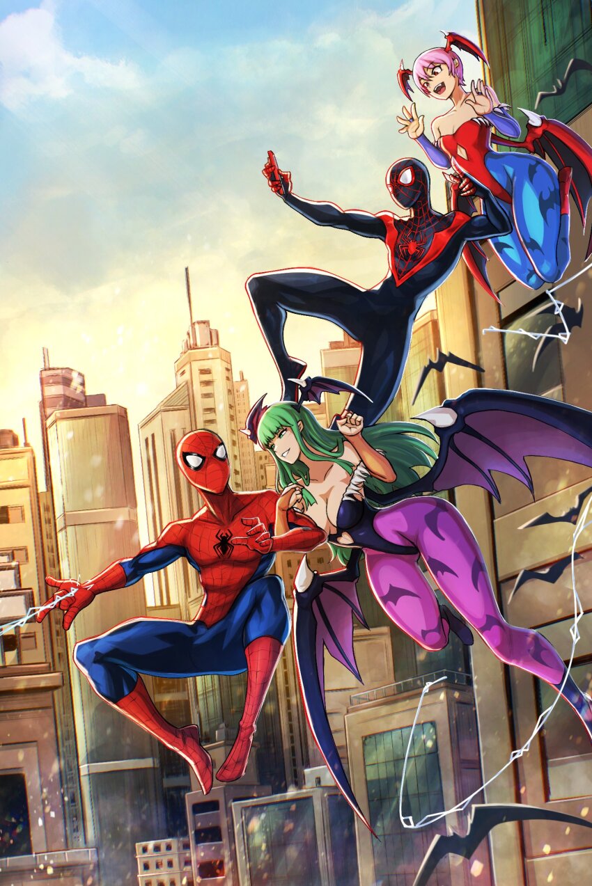 2boys alex_dos_diaz animal_print bat_print bat_wings bodysuit breasts capcom clothing_cutout darkstalkers demon_girl fur-trimmed_leotard fur_trim head_wings heart_cutout highleg highleg_leotard highres leotard lilith_(darkstalkers) marvel marvel_vs._capcom marvel_vs._capcom_3 mask miles_morales morrigan_aensland multiple_boys off-shoulder_leotard pantyhose print_pantyhose purple_pantyhose purple_wings short_hair smile spider-man spider-man_(miles_morales) spider-man_(series) spider-verse spider_print spider_web_print superhero_costume wings