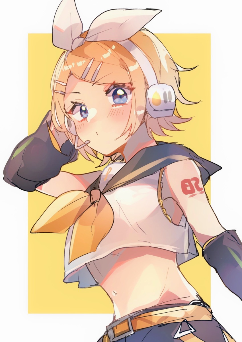 1girl blonde_hair blue_eyes blush bow_hairband breasts collared_shirt crop_top hairband headphones highres kagamine_rin looking_at_viewer multicolored_background pale_skin shirano_akihiro shirt short_sleeves small_breasts solo vocaloid white_background yellow_background