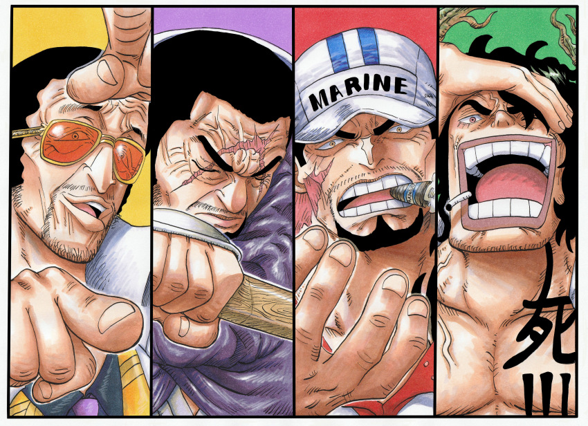 4boys absurdres angry beard black_hair chest_tattoo cigarette clenched_hand english_text evil_smile facial_hair formal_clothes fujitora_(one_piece) hat highres holding holding_sword holding_weapon index_finger_raised kizaru_(one_piece) large_pectorals lava looking_at_viewer mature_male military military_uniform multiple_boys muscular oda_eiichirou_(style) official_style one_piece open_clothes open_mouth open_shirt pectorals riku_(rikuw223xx) ryokugyu_(one_piece) sakazuki_(one_piece) scar scar_on_face serious short_hair simple_background smile smoking sunglasses sword tattoo upper_body very_short_hair weapon