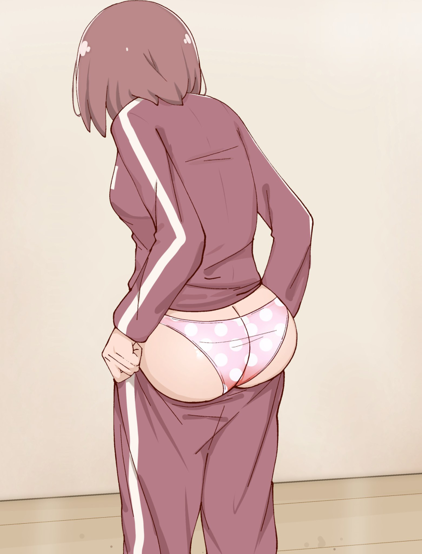 1girl ass brown_hair butt_crack commentary_request dressing facing_away from_behind highres hoshino_miyako_(wataten) indoors large_variant_set long_sleeves panties pants pink_panties poa_mellhen polka_dot polka_dot_panties pulling_own_clothes red_pants red_track_suit short_hair standing sweatpants track_suit underwear variant_set watashi_ni_tenshi_ga_maiorita! wooden_floor
