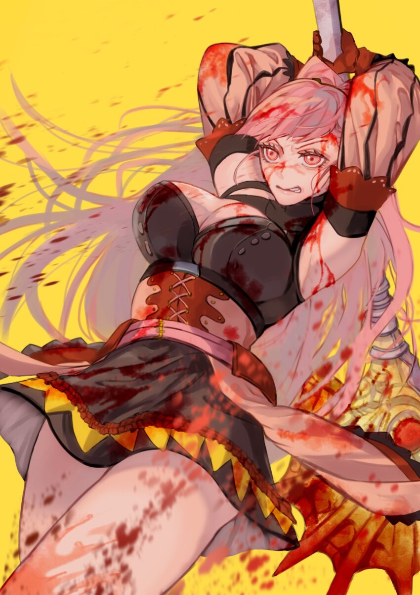 1girl akitsu_123 axe blood blood_on_clothes blood_on_face breasts cleavage detached_sleeves fire_emblem fire_emblem:_three_houses gloves highres hilda_valentine_goneril hilda_valentine_goneril_(timeskip) holding holding_axe holding_weapon large_breasts long_hair looking_at_viewer nintendo pink_eyes pink_hair red_gloves simple_background solo very_long_hair weapon yellow_background