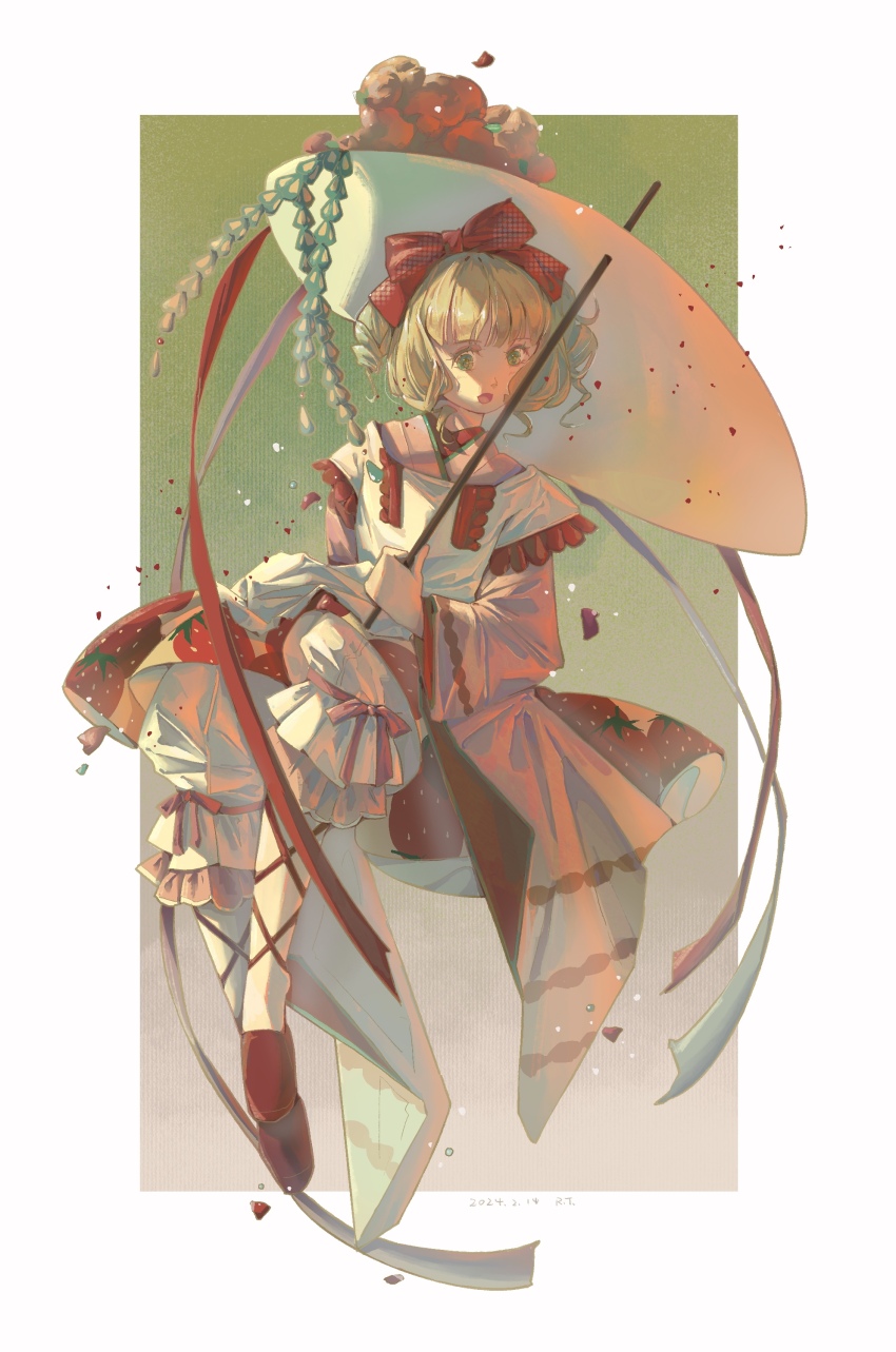 1girl absurdres blonde_hair blue_eyes dress full_body gensou_getsumen_rt highres hinaichigo holding holding_umbrella long_hair medium_hair parasol rozen_maiden shadow solo sunlight taishou umbrella white_dress