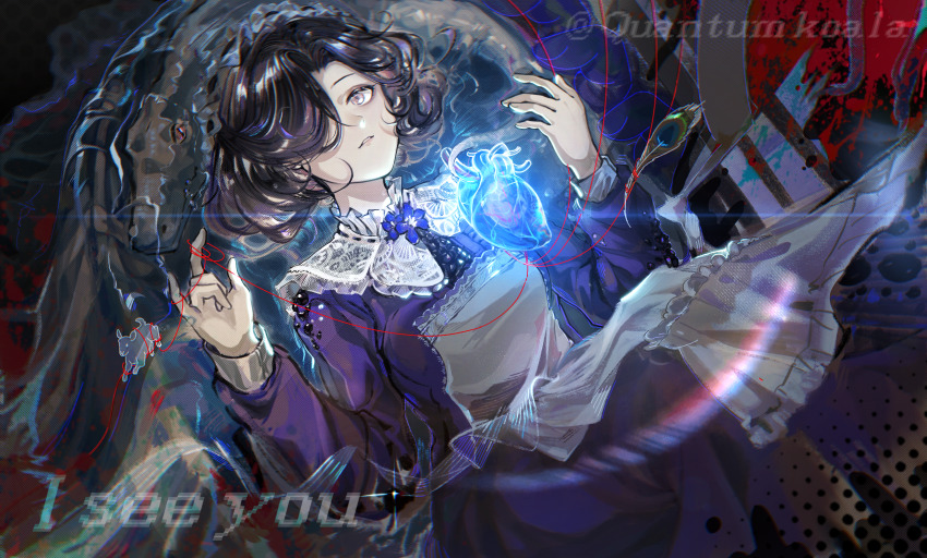 1girl absurdres apron black_hair blue_flower dark_background diejiatai_kaola dress flower hair_over_one_eye hand_up hands_up heart_(organ) highres holding holding_string long_dress looking_at_viewer neck_flower one_eye_covered parted_lips pink_eyes pixel_text purple_dress reverse:1999 short_hair solo string tuesday_(reverse:1999) upper_body white_apron