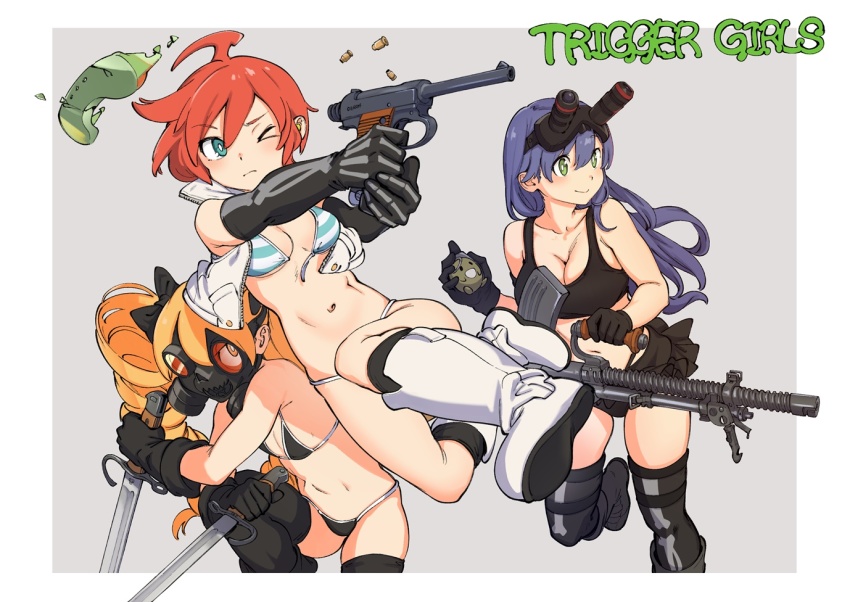 3girls ahoge aiming aqua_bikini aqua_eyes armpit_crease bare_shoulders bikini black_bikini black_bow black_gloves black_legwear black_panties black_shirt black_skirt blonde_hair blue_hair blush bone_print boots bow breasts bright_pupils broken_goggles cleavage closed_mouth collarbone cowboy_shot crop_top cropped_jacket drill_hair dual_wielding elbow_gloves explosive feet_out_of_frame firing frag_(trigger) full_body gas_mask gloves goggles goggles_on_head green_eyes grenade grey_background gun hair_between_eyes hair_bow hair_ornament holding holding_grenade holding_sword holding_weapon jacket kr_ohoshisama large_breasts light_frown long_hair looking_to_the_side mask medium_breasts microskirt midair multiple_girls muzzle_(trigger) navel one_eye_closed panties pantyshot red_hair rifle shell_casing shirt short_hair simple_background skirt sleeveless sleeveless_jacket small_breasts smile spring_(trigger) string_bikini striped_bikini striped_clothes swimsuit sword thighhighs thighhighs_under_boots trigger-chan trigger_(company) underwear unworn_goggles very_long_hair wardrobe_malfunction weapon white_footwear white_jacket white_pupils yellow_eyes zettai_ryouiki