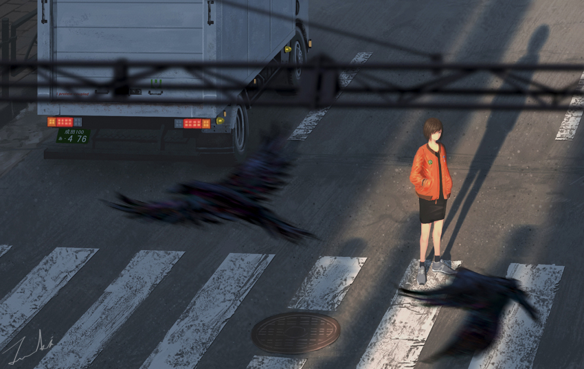1girl bird black_skirt blurry box_truck brown_hair city crosswalk crow depth_of_field female_focus from_above hands_in_pockets jacket license_plate manhole motion_blur motor_vehicle multi-lane_road original outdoors raven road scenery shadow shoes short_hair signature skirt sneakers solo street sunlight tamaki_(tamaki_illust) truck