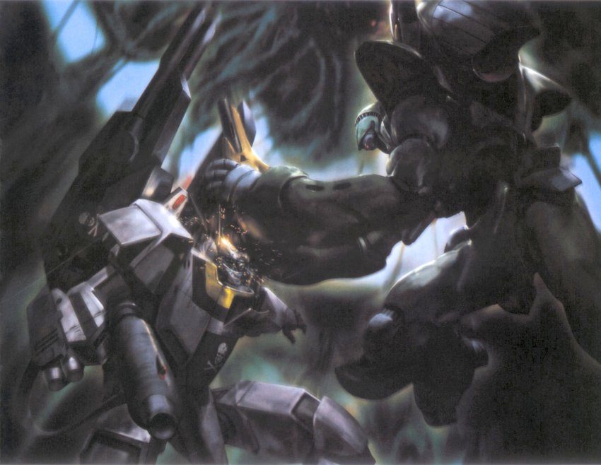 1980s_(style) alien armor bad_end battle cannon choujikuu_yousai_macross damaged epic flemenmik flemmenik giant gun gunpod highres macross macross:_do_you_remember_love? mecha missile no_humans nousjadeul-ger nupetiet-vergnitzs official_art oldschool power_armor power_suit production_art punching quamzin_kravshera realistic redesign retro_artstyle robot roy_focker scan science_fiction skull_and_crossbones spacecraft spoilers vf-1 vf-1_strike vf-1j weapon zentradi