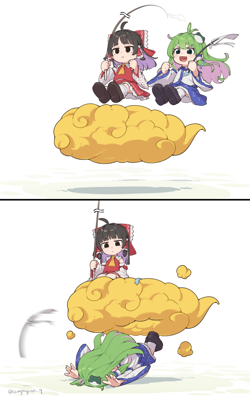 ascot bow detached_sleeves dragon_ball falling frilled_bow frilled_hair_tubes frills frog frog_hair_ornament gohei green_eyes green_hair hair_bow hair_ornament hair_tubes hakurei_reimu highres holding holding_gohei kanpa_(campagne_9) kochiya_sanae long_hair midair nontraditional_miko on_cloud open_mouth outstretched_arms red_bow red_skirt ribbon-trimmed_sleeves ribbon_trim single_hair_tube skirt skirt_set smile snake_hair_ornament touhou yellow_ascot