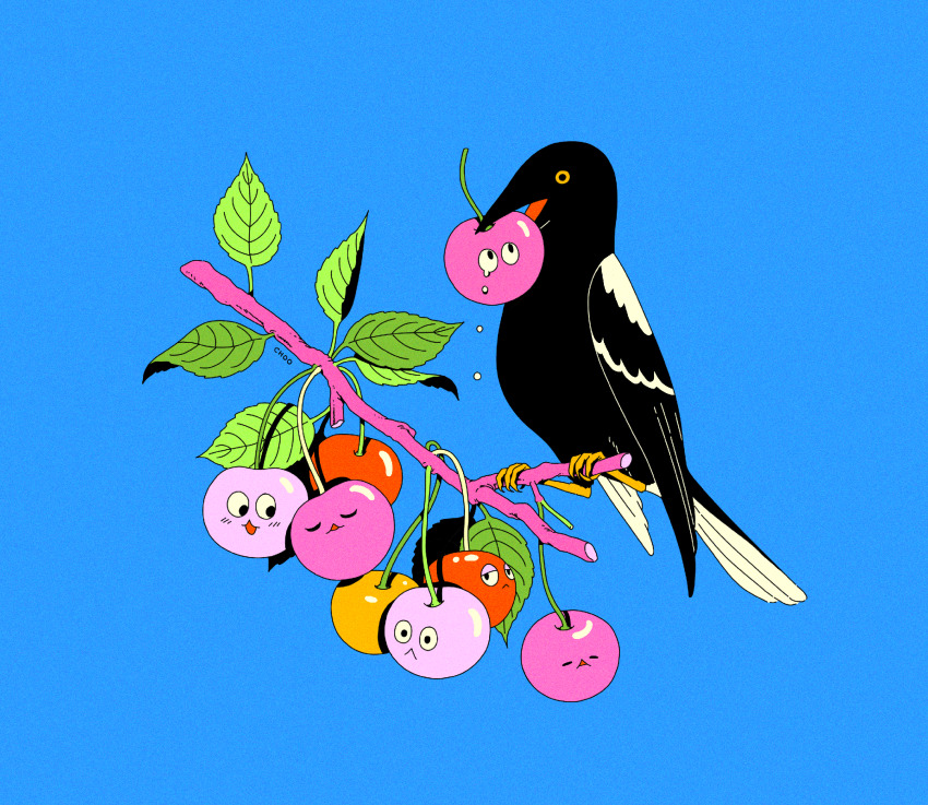 :&lt; animal animal_focus berry bird black_bird blue_background branch cherry chestnut_mouth choo closed_eyes closed_mouth colorful commentary crying eating film_grain food food_with_face fruit half-closed_eyes highres leaf looking_at_viewer no_humans open_mouth original paid_reward_available simple_background sitting_on_branch toon_(style) yellow_eyes