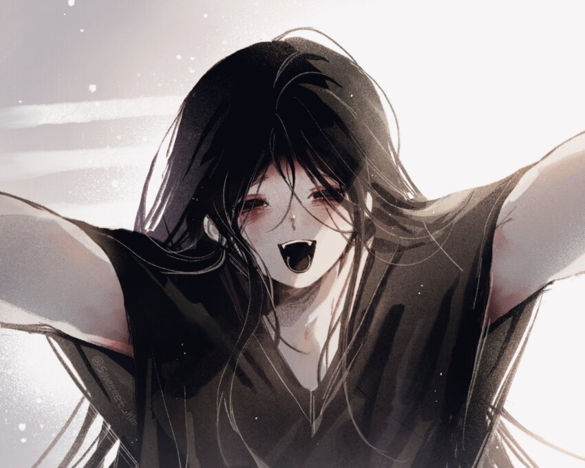 1boy black_eyes black_hair black_kimono from_below grey_background highres homicipher japanese_clothes kimono long_hair male_focus mr._crawling pov solo sweeeet_him