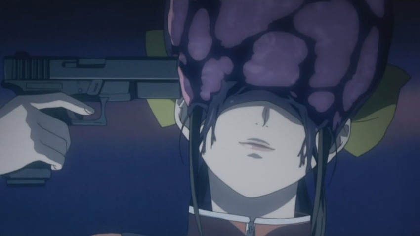 1girl brown_hair ga-rei ga-rei_zero gun handgun izumi_mami low_twintails monster ribbon screencap suicide twintails weapon