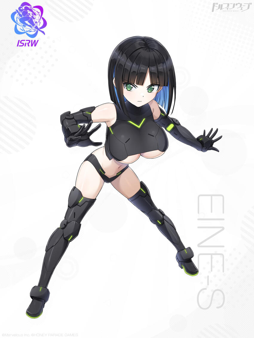 1girl absurdres black_hair bodysuit breasts dolphin_wave eines_(dolphin_wave) elbow_gloves full_body gloves green_eyes highres official_art ootomo_takuji short_hair simple_background solo swimsuit