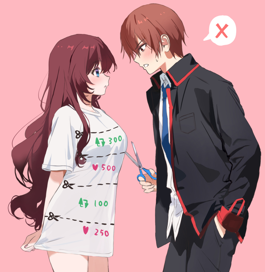 1boy 1girl a-chan_(little_busters!) alternate_costume black_jacket black_pants blue_eyes blue_necktie blush brown_eyes brown_hair collared_shirt commentary_request cowboy_shot eyelashes from_side hand_in_pocket hetero highres holding holding_scissors jacket little_busters! little_busters!_school_uniform long_hair long_sleeves looking_at_another miiizuno_lbs natsume_kyousuke necktie open_clothes open_jacket open_mouth pants profile school_uniform scissors shirt short_hair short_sleeves speech_bubble spoken_x sweatdrop t-shirt twitter_cutting_game very_long_hair wavy_hair white_shirt