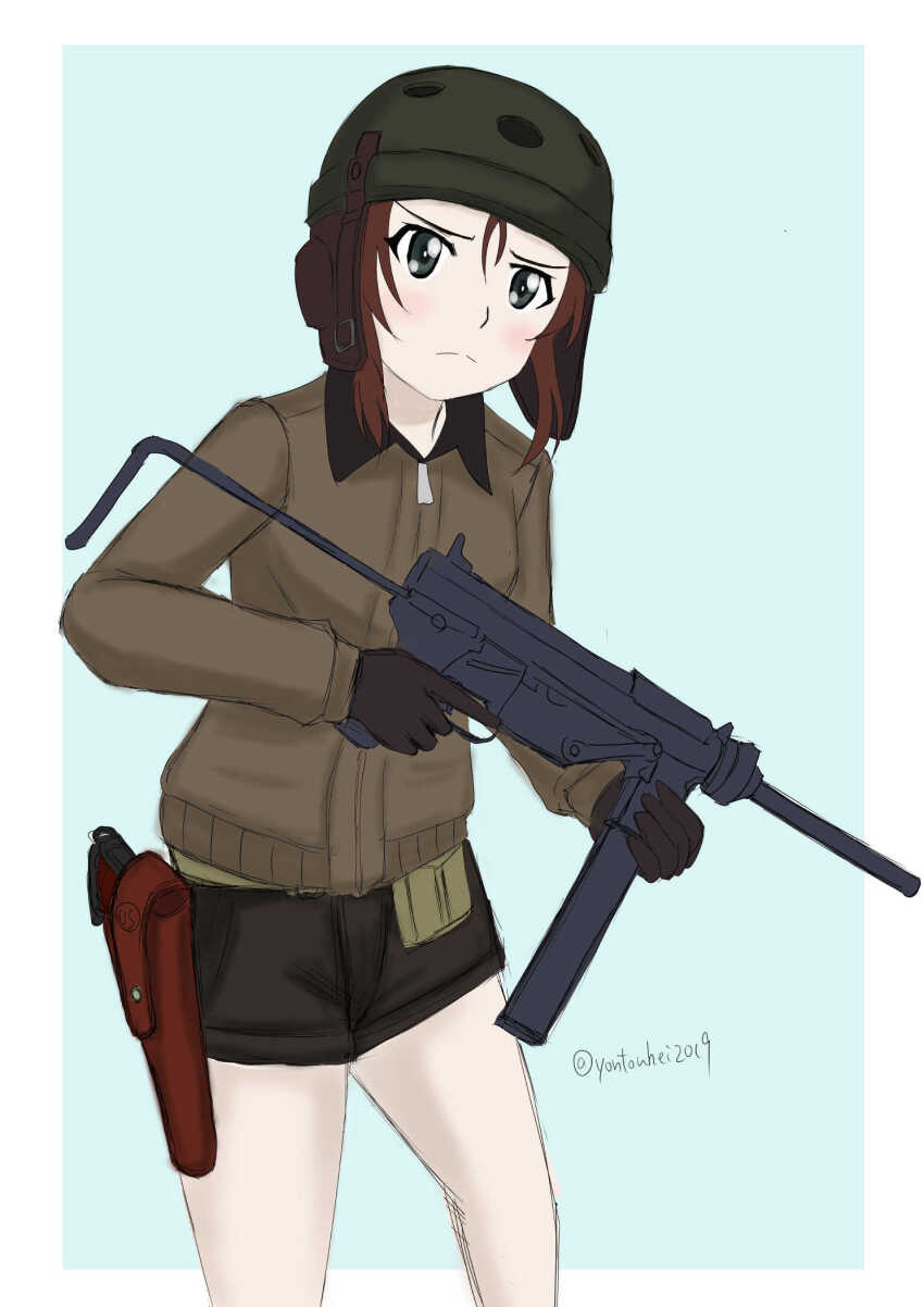 1girl bare_legs black_eyes blush brown_hair brown_shorts frown girls_und_panzer grey_jacket gun helmet helmet-chan_(girls_und_panzer) highres holding holding_gun holding_weapon jacket m3_submachine_gun machine_gun porotto_yontouhei saunders_military_uniform short_hair short_shorts shorts submachine_gun tank_helmet weapon