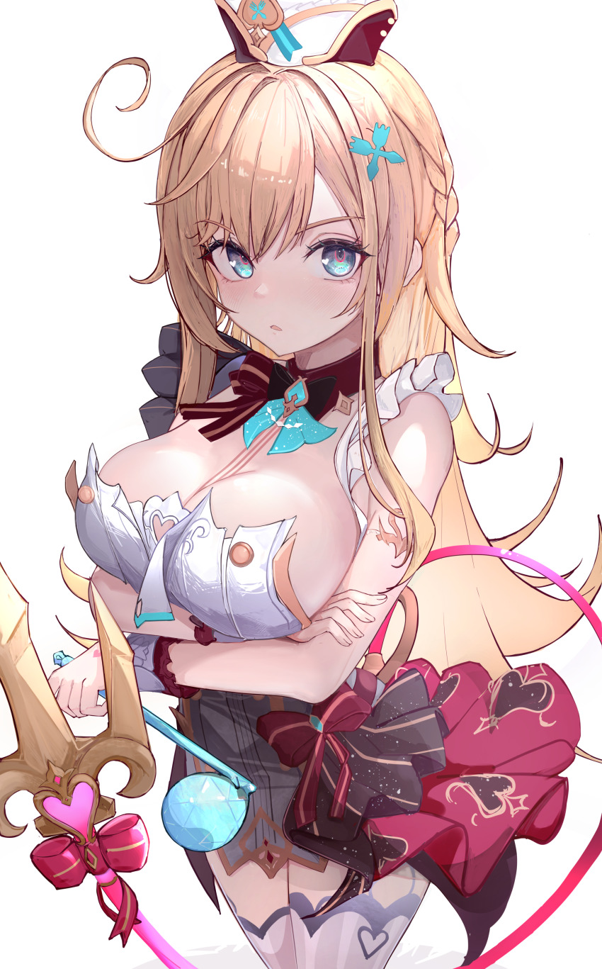 1girl absurdres apron arms_under_breasts asaikeu bare_shoulders blonde_hair blue_eyes braid breasts cleavage commentary_request cowlick cross_hair_ornament escoffier_(genshin_impact) fork_hair_ornament genshin_impact hair_ornament hat highres holding holding_ladle ladle large_breasts long_hair looking_at_viewer mechanical_tail open_mouth side_braid simple_background solo soup_ladle tail white_apron white_background white_hat wrist_wrap