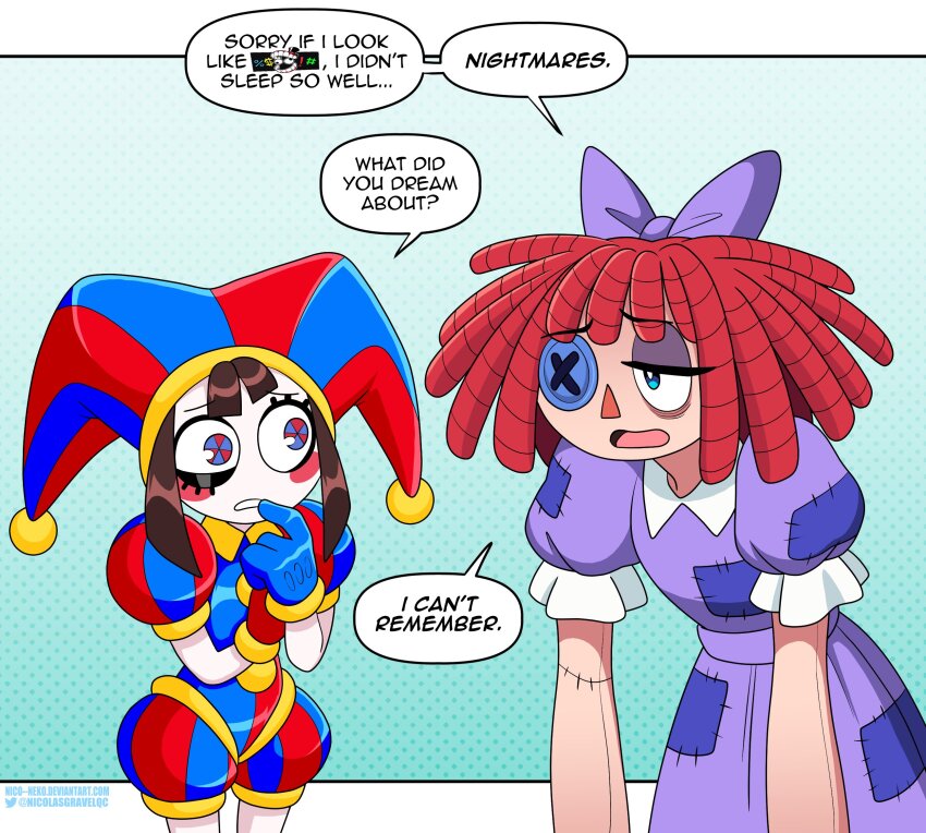 2girls button_eye dress glitch_productions gloves hat highres jester jester_cap multicolored_eyes multiple_girls nico-neko pomni_(the_amazing_digital_circus) ragatha_(the_amazing_digital_circus) red_hair short_hair the_amazing_digital_circus