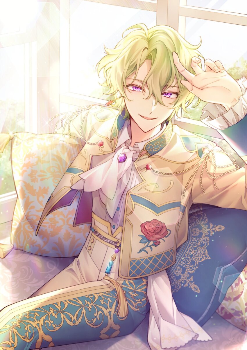 1boy aqua_pants ascot collared_shirt ensemble_stars! gem green_hair highres jacket long_sleeves looking_at_viewer multicolored_jacket multicolored_pants pants parted_lips purple_eyes purple_gemstone shirt short_hair solo sunlight thx_39 tomoe_hiyori white_ascot white_shirt window yellow_jacket yellow_pants