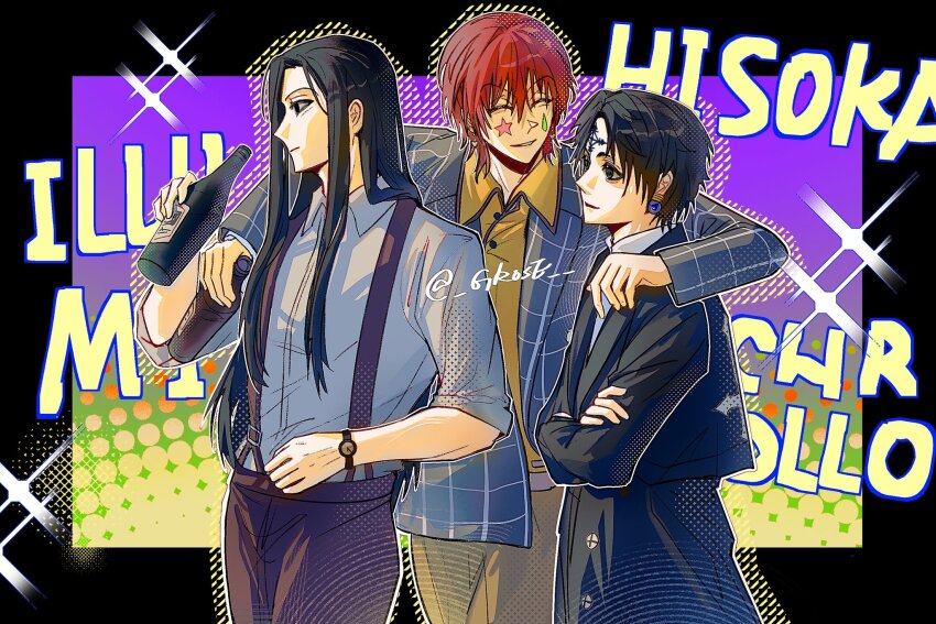 3boys arm_around_shoulder black_border black_hair black_jacket black_pantyhose border bottle character_name chrollo_lucilfer closed_eyes collared_shirt cowboy_shot crossed_arms earrings facial_mark forehead_mark grey_jacket grey_shirt grid_print grose hair_between_eyes highres hisoka_morow holding holding_bottle hunter_x_hunter illumi_zoldyck jacket jewelry long_hair male_focus multiple_boys pantyhose parted_bangs parted_lips red_hair shirt short_hair sleeves_rolled_up smile sparkle suit_jacket suspenders twitter_username upper_body watch white_shirt wristwatch yellow_shirt