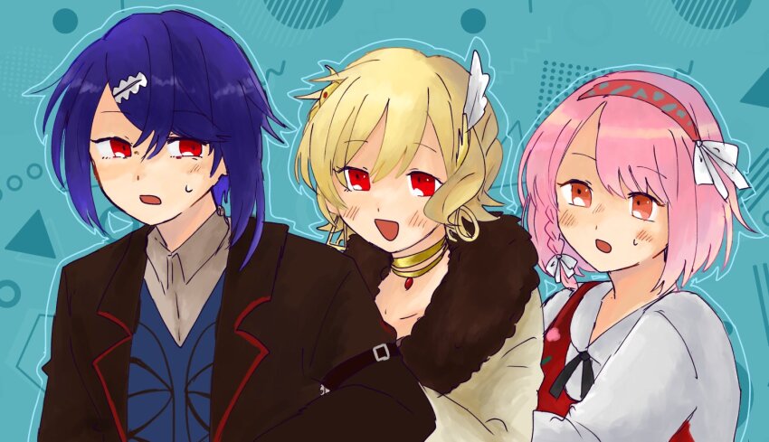 1boy 2girls alcryst_(fire_emblem) blonde_hair blue_hair blush citrinne_(fire_emblem) earrings feather_hair_ornament feathers fire_emblem fire_emblem_engage fur_trim hair_between_eyes hair_ornament hair_ribbon hairband hairclip ichgomi jewelry lapis_(fire_emblem) long_sleeves looking_at_another multiple_girls necklace nintendo official_alternate_costume open_mouth pink_eyes pink_hair red_eyes ribbon short_hair simple_background white_ribbon
