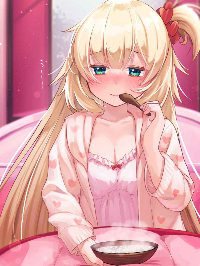 1girl akai_haato aqua_eyes blonde_hair blush bowl breasts cleavage commentary_request eating food hair_ornament half-closed_eyes heart heart_hair_ornament highres holding holding_spoon hololive indoors long_hair long_sleeves looking_at_viewer magowasabi medium_breasts one_side_up pajamas pink_pajamas sick solo spoon very_long_hair virtual_youtuber