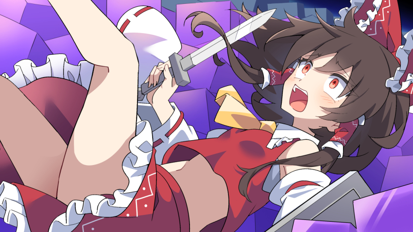 1girl ascot blush bow brown_hair detached_sleeves e.o. frilled_bow frilled_hair_tubes frilled_skirt frills hair_bow hair_tubes hakurei_reimu holding holding_knife knife long_hair midriff navel open_mouth red_bow red_eyes red_skirt ribbon-trimmed_sleeves ribbon_trim skirt skirt_set solo touhou yellow_ascot