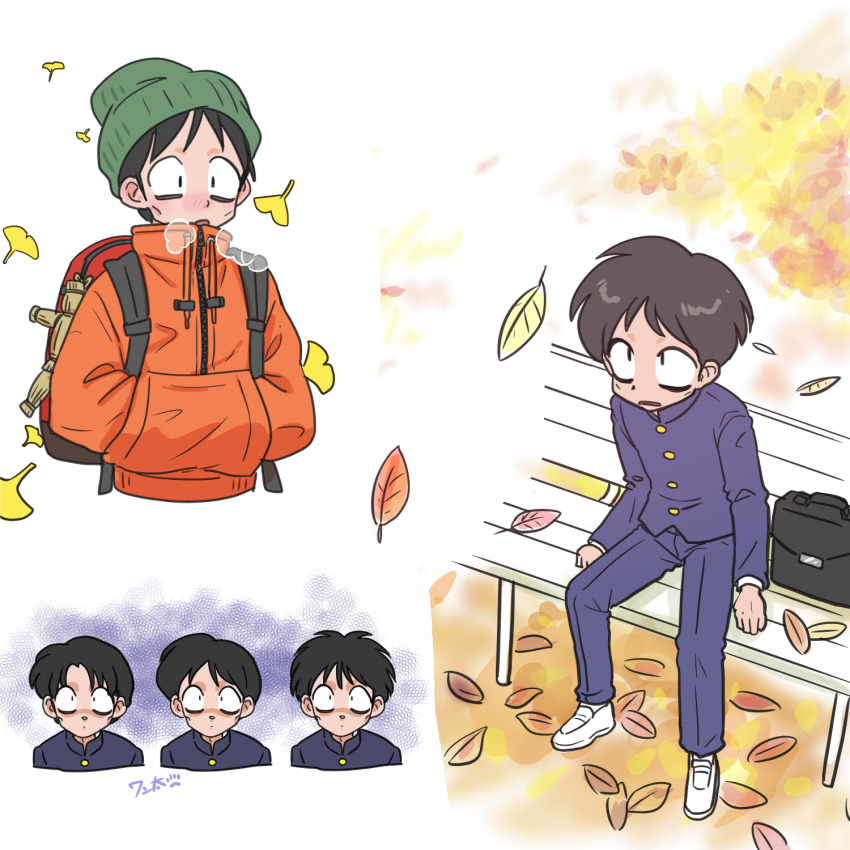 1boy arms_at_sides autumn autumn_leaves backpack bag bags_under_eyes bench blue_jacket blue_pants clenched_hands coat falling_leaves gosunkugi_hikaru green_hat hands_in_pocket hat high_collar highres jacket leaf looking_at_viewer looking_up male_focus multiple_views on_bench open_mouth orange_coat outdoors pants park_bench ranma_1/2 school_bag school_uniform short_hair signature spread_legs voodoo_doll wanta_(futoshi) white_background white_footwear wooden_bench