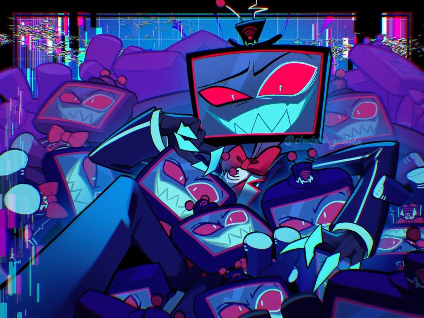 1boy black_hat black_skin blue_jacket blue_pants blue_pupils bow bowtie character_doll colored_skin glitch hakanako hat hazbin_hotel jacket long_sleeves male_focus mini_hat object_head open_clothes open_jacket pants red_bow red_bowtie red_eyes red_shirt sharp_teeth shirt smile solo striped_clothes teeth twitter_username vox_(hazbin_hotel) wi-fi_symbol