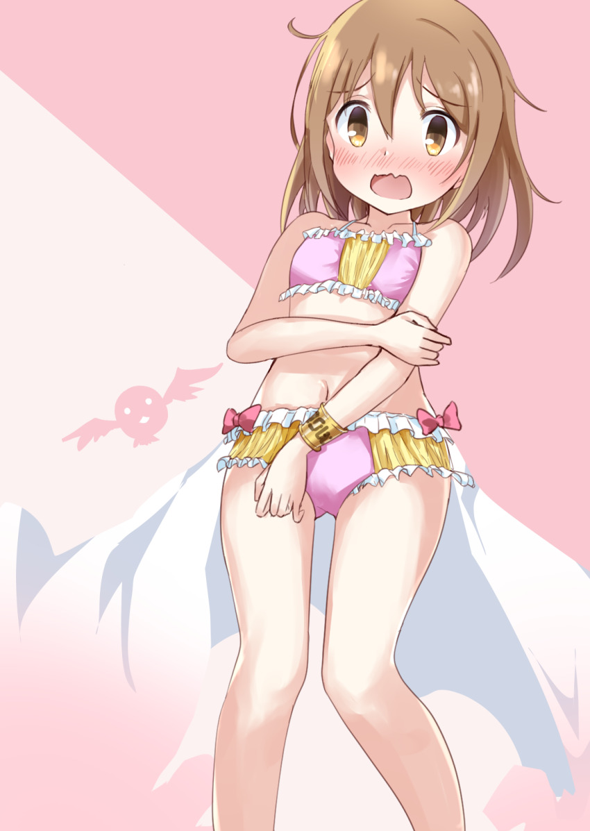 1girl 1other bikini blush bracelet breasts brown_eyes brown_hair commentary_request embarrassed hanami_yuzuka highres jewelry mahou_shoujo_nante_mou_ii_desukara. miton navel open_mouth p-hone pink_background pink_bikini short_hair showgirl_skirt simple_background skirt small_breasts swimsuit thighs white_skirt wings
