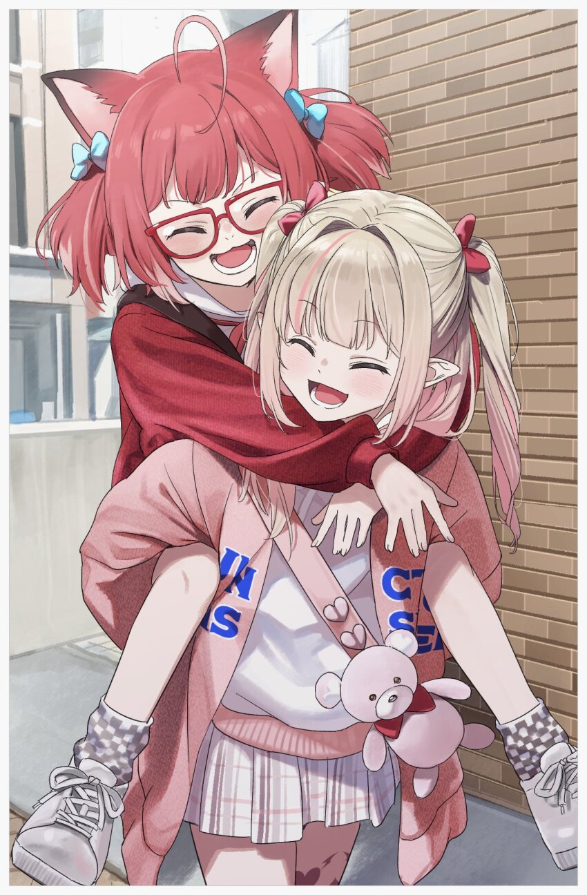 2girls ahoge akami_karubi animal_ears blush carrying cat_ears closed_eyes commentary_request crazy_raccoon glasses grey_hair highres jacket makaino_ririmu multiple_girls nijisanji open_clothes open_jacket open_mouth piggyback pointy_ears red_hair sabamen shoes skirt smile sneakers two_side_up
