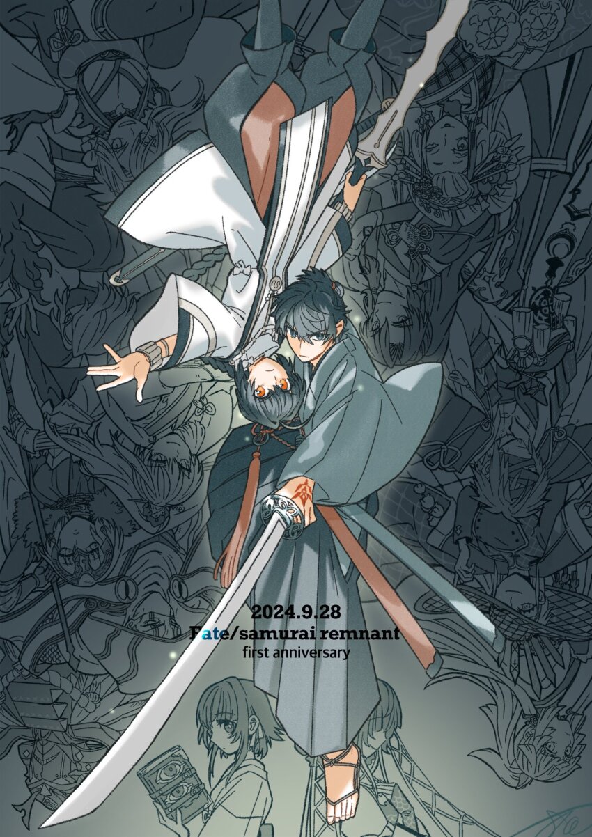 1other 6+boys 6+girls ahoge androgynous anniversary archer_(fate/samurai_remnant) armor assassin_(fate/samurai_remnant) batoson54 black_hair black_hakama blue_eyes blue_kimono braid braided_ponytail caster_(fate/samurai_remnant) chiemon_(fate) command_spell copyright_name dated dorothea_coyett english_text everyone fate/grand_order fate/samurai_remnant fate_(series) hakama highres holding holding_sword holding_weapon japanese_clothes jeanne_d&#039;arc_(fate) jeanne_d&#039;arc_alter_(lancer)_(fate) jewelry katana kimono long_hair looking_at_viewer miyamoto_iori_(fate) miyamoto_musashi_(fate) miyamoto_musashi_(woman_of_niten_ichiryuu)_(fate) multiple_boys multiple_girls ogasawara_kaya orange_eyes partially_colored sandals short_hair sidelocks single_braid sword takao_dayu_(fate) topknot tsuchimikado_yasuhiro_(fate) upside-down ushi_gozen_(fate) ushi_gozen_(rider)_(fate) weapon white_kimono yamato_takeru_(fate) yui_shousetsu_(fate) zheng_chenggong_(fate)