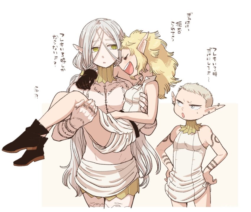 1boy 2girls :t arm_around_shoulder arm_tattoo blonde_hair blush carrying chest_tattoo dungeon_meshi ear_piercing elf embarrassed closed_eyes fleki gloves gorget hair_between_eyes hair_over_shoulder hands_on_own_hips leg_tattoo long_hair looking_at_another lycion multiple_girls notched_ear open_mouth otta_(dungeon_meshi) piercing pointy_ears princess_carry profile robe single_glove sleeveless sweatdrop tattoo topless_male translation_request twintails walking white_hair yellow_eyes yeneny