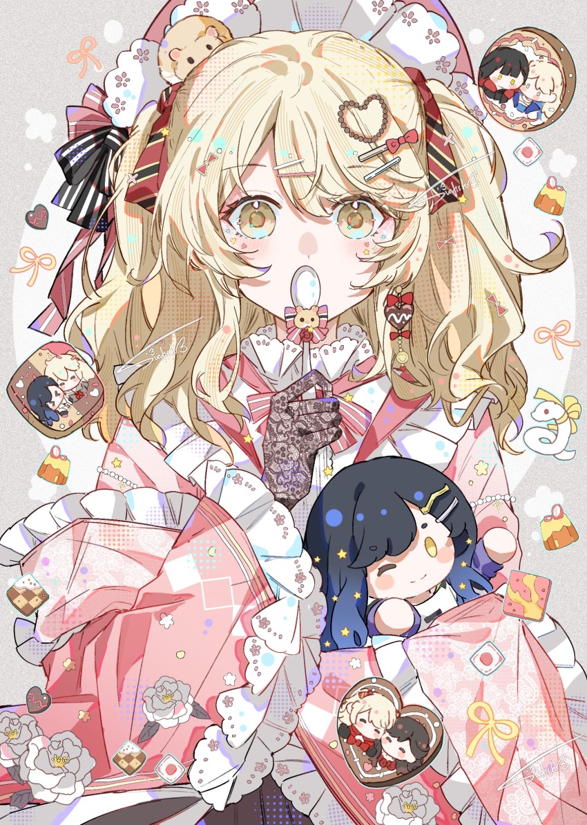 1girl azusawa_kohane blonde_hair blush bonnet character_doll character_request closed_mouth cookie covered_mouth eyelashes flower food gloves gradient_hair hair_ornament hairclip hairpin highres holding holding_spoon japanese_clothes kimono lace lace_gloves long_hair long_sleeves looking_at_viewer multicolored_hair pink_kimono project_sekai screentones shiraishi_an sidelocks signature smile solo spoon sticker sticker_on_face sunfish3939 sweets upper_body white_flower wide_sleeves yellow_eyes
