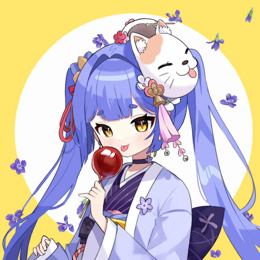 1girl azusa_(vtuber) virtuareal_link blue_hair candy_apple food fox_mask hair_intakes hair_ornament japanese_clothes kimono licking_candy_apple mask mask_on_head nijisanji onayano solo tongue tongue_out virtual_youtuber virtuareal wide_sleeves yellow_eyes