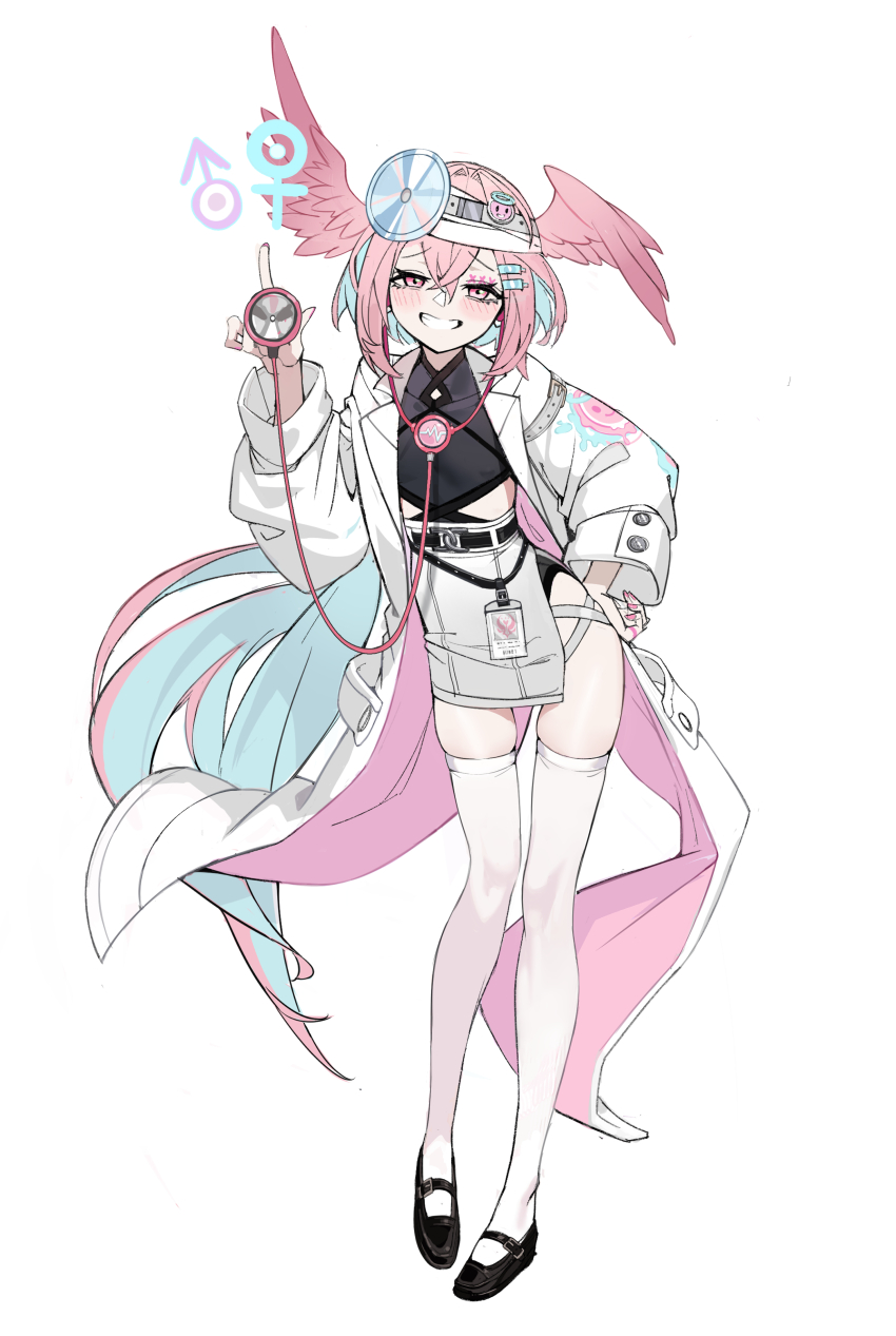 1boy absurdres belt black_belt black_shoes blue_hair blush colored_inner_hair floating_hair full_body grin hair_ornament hairclip hand_on_own_hip head_mirror head_wings heart highres holding holding_stethoscope id_card index_finger_raised lab_coat lanzen_wu long_hair long_sleeves looking_at_viewer male_focus mars_symbol mary_janes multicolored_hair original pencil_skirt pink_eyes pink_hair pink_nails pink_wings rattail shoes skirt smile solo stethoscope thighhighs trap venus_symbol very_long_hair white_skirt white_thighhighs wings