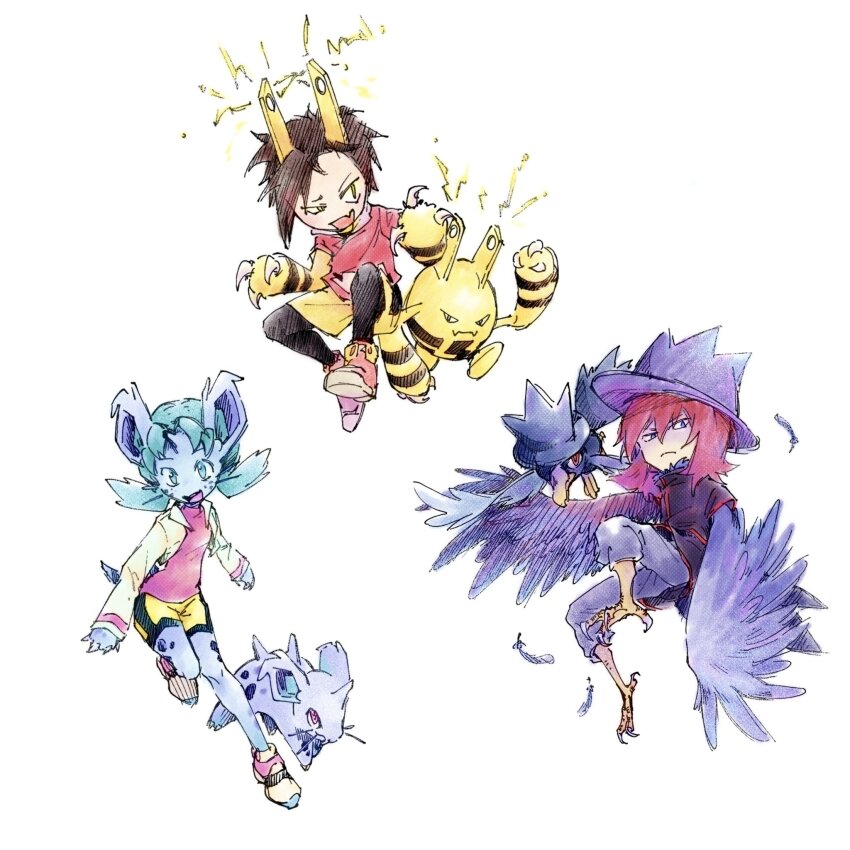 1girl 2boys :d bird_legs black_hair black_jacket blue_eyes blue_hair blue_skin colored_skin elekid ethan_(pokemon) fang feathers full_body fusion gen_1_pokemon gen_2_pokemon hat highres jacket kris_(pokemon) looking_at_viewer multiple_boys murkrow nidoran nintendo open_mouth pants pink_eyes pink_shirt pokemon pokemon_(creature) pokemon_adventures purple_feathers purple_hat purple_pants red_eyes red_footwear red_hair red_jacket shirt short_twintails shorts silver_(pokemon) simple_background skin_fang smile sparks standing tan_carbonnn twintails white_background white_jacket winged_arms wings yellow_eyes yellow_shorts