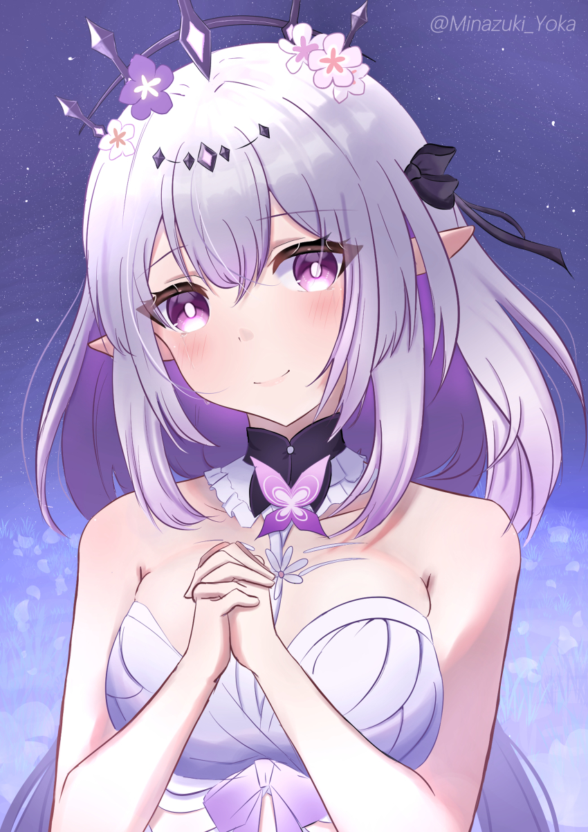 1girl absurdres bare_shoulders black_tiara breasts castorice_(honkai:_star_rail) commentary_request dress flower gundam68 hair_flower hair_ornament highres honkai:_star_rail honkai_(series) large_breasts long_hair looking_at_viewer own_hands_together pointy_ears purple_background purple_eyes purple_hair smile solo tiara twitter_username white_dress