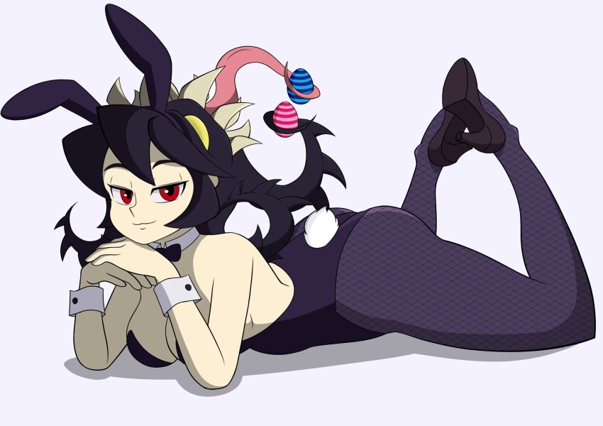 animal_ears ass black_hair breasts cleavage easter_egg egg filia_(skullgirls) fishnet_pantyhose fishnets high_heels highres leotard pantyhose playboy_bunny rabbit_ears samson_(skullgirls) skullgirls