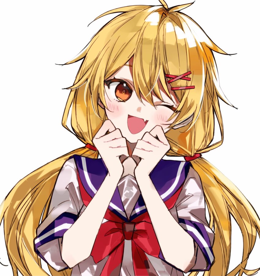 1girl ;d antenna_hair blonde_hair commentary double-parted_bangs fang hair_between_eyes hands_on_own_face hands_up happy highres light_blush long_hair low_twintails messy_hair neckerchief one_eye_closed open_mouth orange_eyes original osr_00_osr purple_sailor_collar purple_trim red_neckerchief sailor_collar school_uniform serafuku short_sleeves simple_background skin_fang smile solo straight-on twintails upper_body white_background white_serafuku