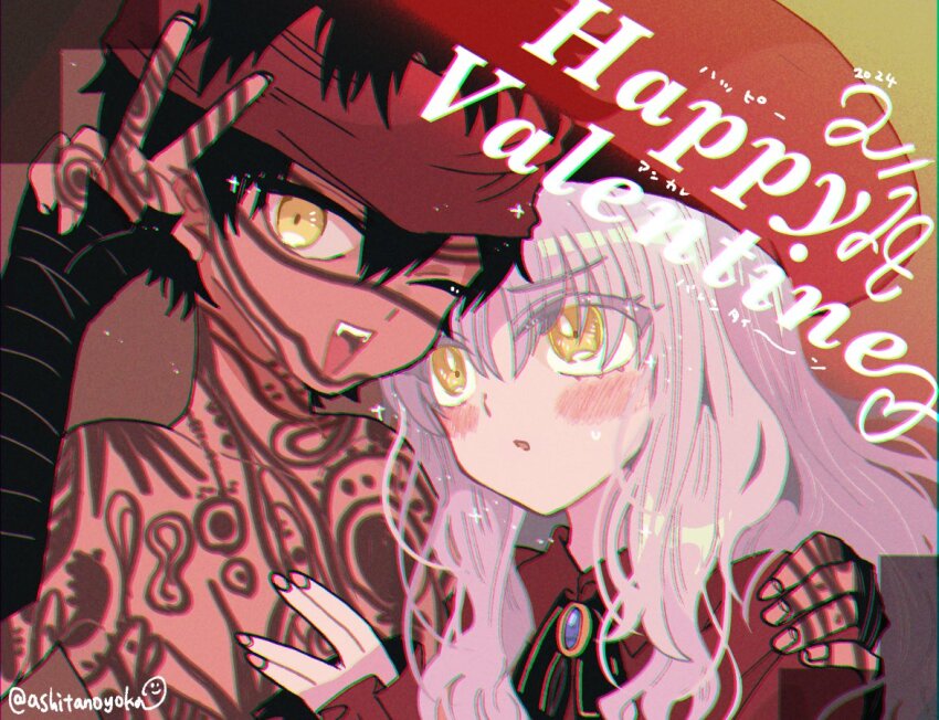 1boy 1girl 2024 ;d angra_mainyu_(fate) artist_name bandana beret black_bow black_hair blush bow bowtie caren_hortensia caren_hortensia_(amor_caren) caren_hortensia_(amor_caren)_(second_ascension) chromatic_aberration collared_dress colored_eyelashes dark-skinned_male dark_skin dress english_text eyes_visible_through_hair fangs fate/grand_order fate_(series) frilled_sleeves frills full-body_tattoo hand_on_another&#039;s_chest hand_up happy_valentine hat hetero long_hair long_sleeves looking_at_another looking_at_viewer nail_polish one_eye_closed open_mouth pink_nails red_bandana red_dress red_hat short_hair sleeves_past_wrists smile tattoo twitter_username upper_body v white_hair yellow_eyes yoka