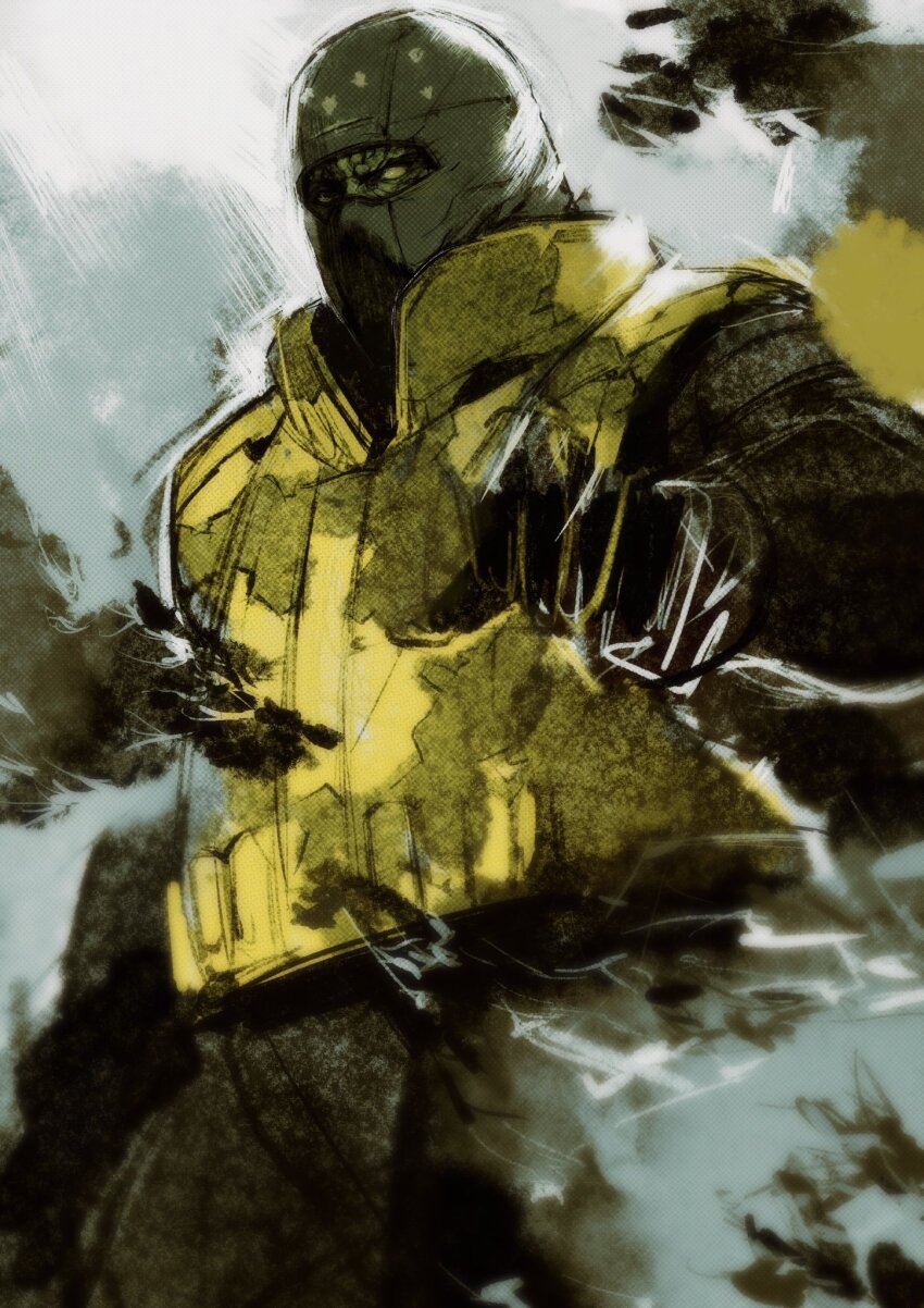 1boy arm_up balaclava black_pants black_shirt bug collared_vest commentary cracked_skin english_commentary gloves highres kannoaki long_sleeves looking_to_the_side male_focus mask metal_gear_(series) metal_gear_solid_3:_snake_eater pants partially_blind popped_collar shirt sketch solo standing the_pain vest yellow_vest