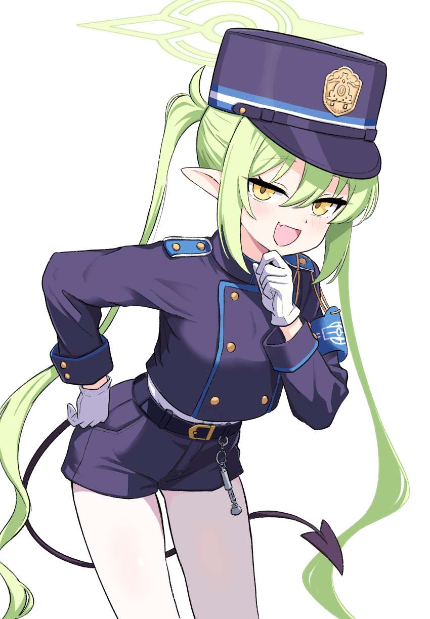 1girl :d absurdres armband belt black_belt black_hat black_jacket black_shorts blue_archive blue_armband blush buttons commentary cowboy_shot demon_girl demon_tail double-breasted fang gloves green_hair green_halo hair_between_eyes halo hand_on_own_chin hand_on_own_hip hand_up hat highres intron jacket leaning_forward long_hair long_sleeves looking_at_viewer nozomi_(blue_archive) open_mouth pantyhose peaked_cap pointy_ears shorts sidelocks simple_background skin_fang smile smug solo tail tsurime twintails very_long_hair white_background white_gloves white_pantyhose yellow_eyes