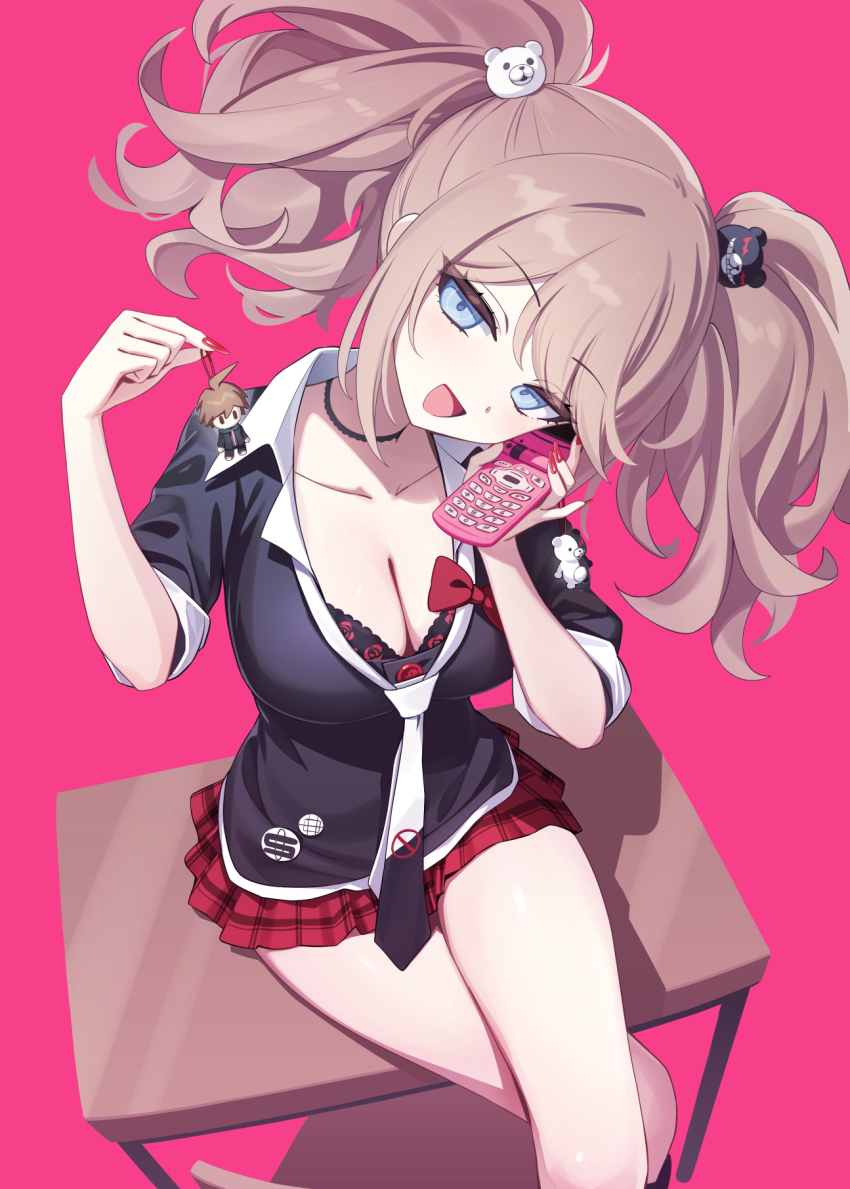 1girl bear_hair_ornament black_bra black_necktie black_shirt blue_eyes bow bra bra_peek breasts brown_hair cellphone character_charm charm_(object) cleavage danganronpa:_trigger_happy_havoc danganronpa_(series) deadnooodles enoshima_junko flip_phone hair_ornament head_tilt highres holding holding_charm holding_phone large_breasts looking_at_viewer miniskirt naegi_makoto nail_polish necktie on_table open_mouth phone pink_background plaid_clothes plaid_skirt pleated_skirt red_bow red_nails red_skirt shirt simple_background skirt sleeves_rolled_up smile solo table twintails two-tone_necktie underwear white_necktie white_shirt
