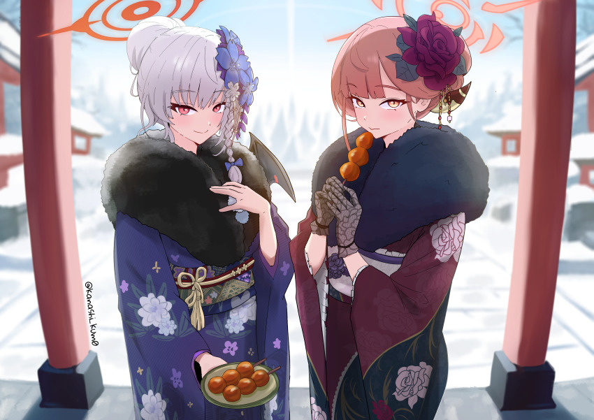 2girls absurdres aru_(blue_archive) aru_(new_year)_(blue_archive) black_gloves blue_archive blue_flower blush braid closed_mouth demon_girl demon_horns demon_wings floral_print floral_print_kimono flower food fur_trim gloves hair_between_eyes hair_bun hair_flower hair_ornament hair_over_shoulder hand_on_own_chest haruna_(blue_archive) haruna_(new_year)_(blue_archive) highres holding holding_plate holding_skewer horns japanese_clothes kanashi_kum0 kimono long_hair looking_at_viewer multiple_girls obi official_alternate_costume official_alternate_hairstyle plate print_kimono purple_kimono purple_sash red_eyes red_flower red_hair red_kimono sash sidelocks single_braid skewer smile snow white_hair white_sash wings yellow_eyes